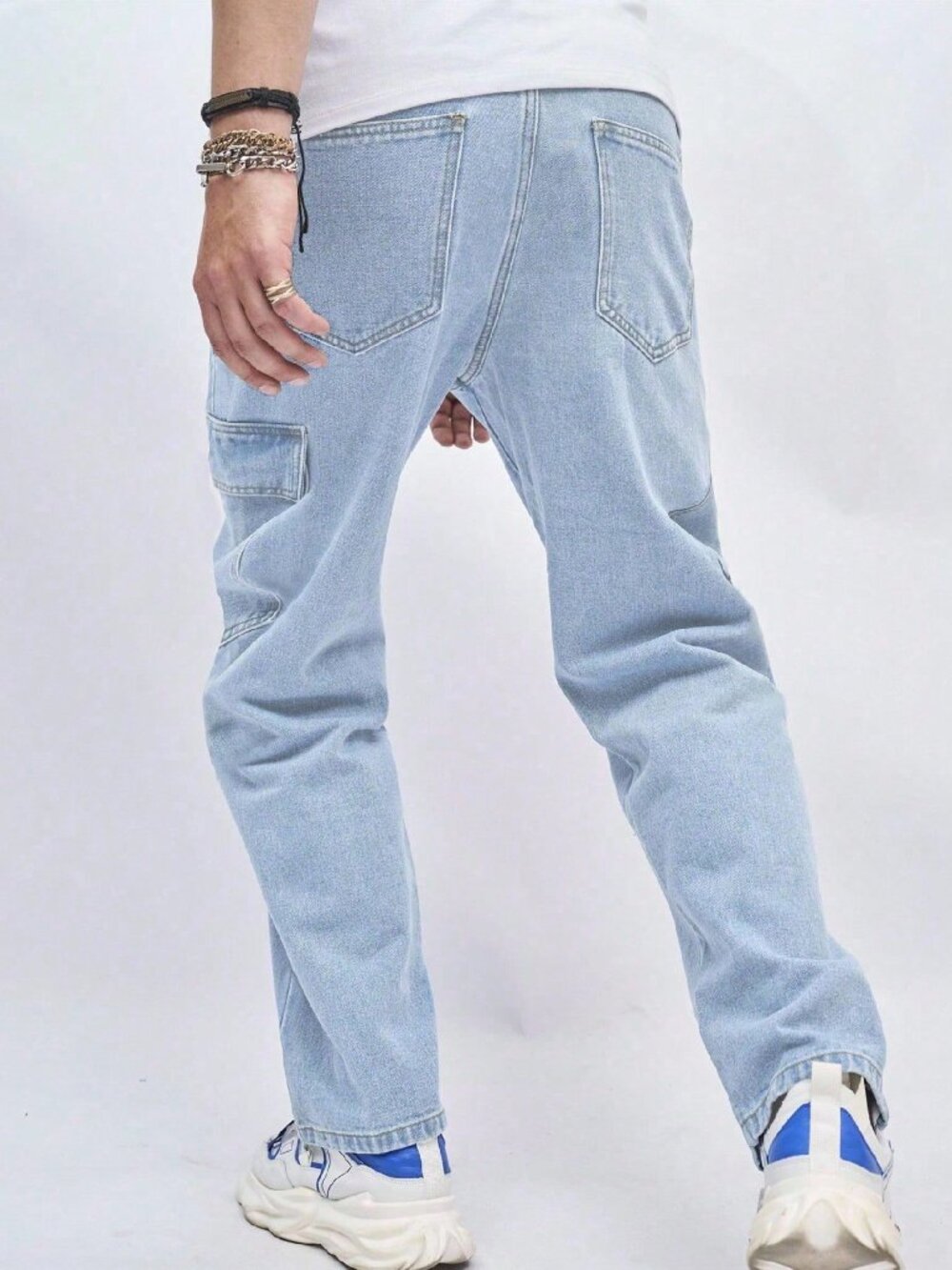 Light Wash Casual Men's Multi-Pocket Denim Jeans - Picture 2 of 7